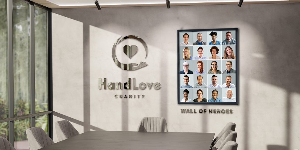 large custom frame with headshots on office wall charity hall of fame
