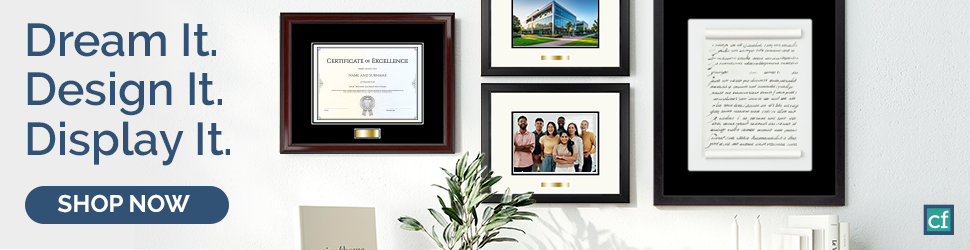 Custom photo frames and certificate frame products displayed above desk with Shop Now button