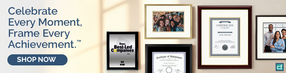 gallery wall with custom photo frames, certificate frames, and plaques and Shop Now button
