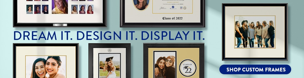 gallery wall of customframes.com products with Design It Display It call to action
