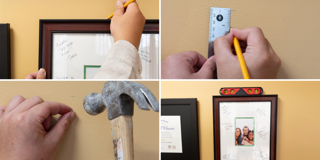 collage of 4 steps for hanging a frame - measurement, marking, hammering, hanging, and checking level