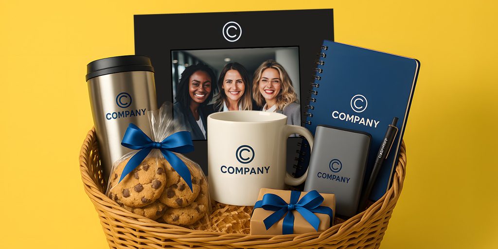 gift basket with custom photo frame, branded tumbler, mug, notebook, cookies, and pen