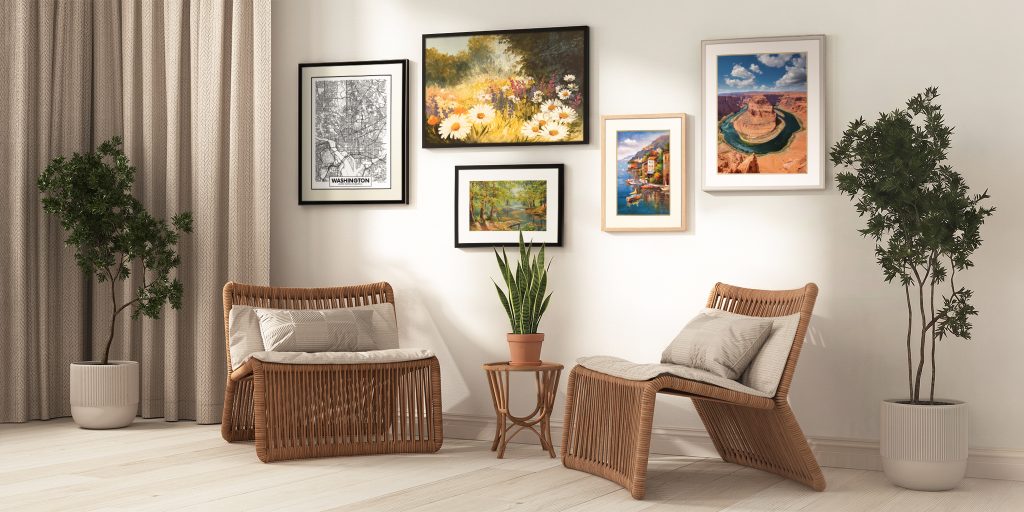 living space with gallery wall of custom poster frames displayed on wall