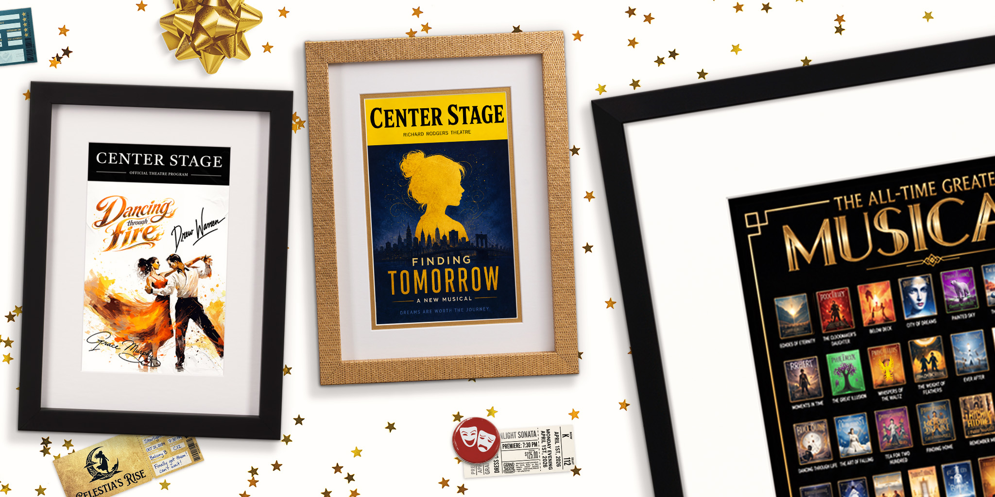 Overhead view of Broadway gift ideas with a framed theater playbill, a framed show poster, theater tickets, and wrapped gifts