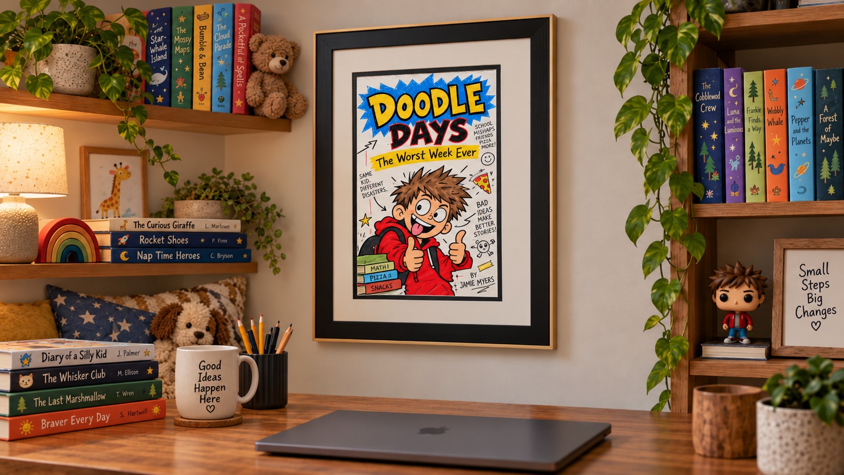 Single framed comic book hanging above a home office desk