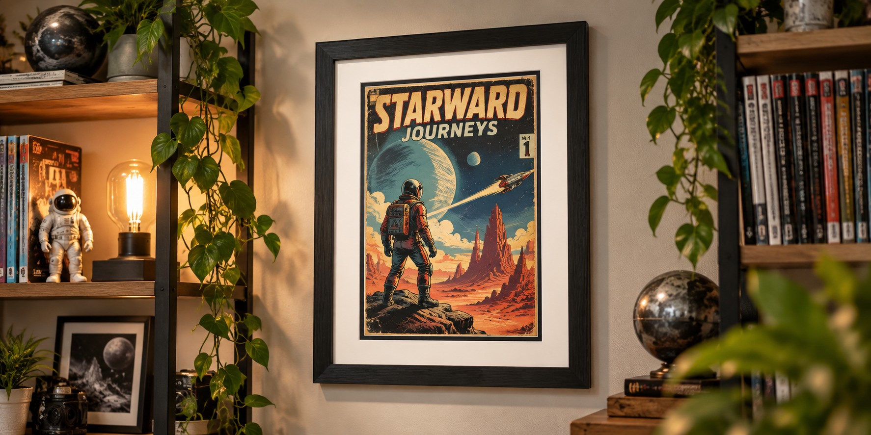 Comic book in a black frame with a white mat, hanging in a collector’s room